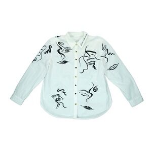 NWOT Chicos Modern Art Print Shirt Women's Size 14 Long Sleeve Button Down White